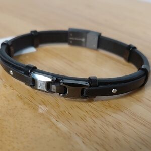 Black Leather Bracelet with Stainless Steel Silver Accents
